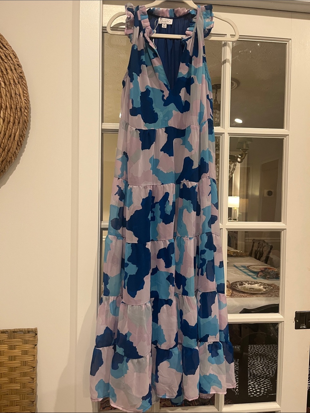 Mud Pie Blue and Lavender Camouflage Tiered Maxi Dress